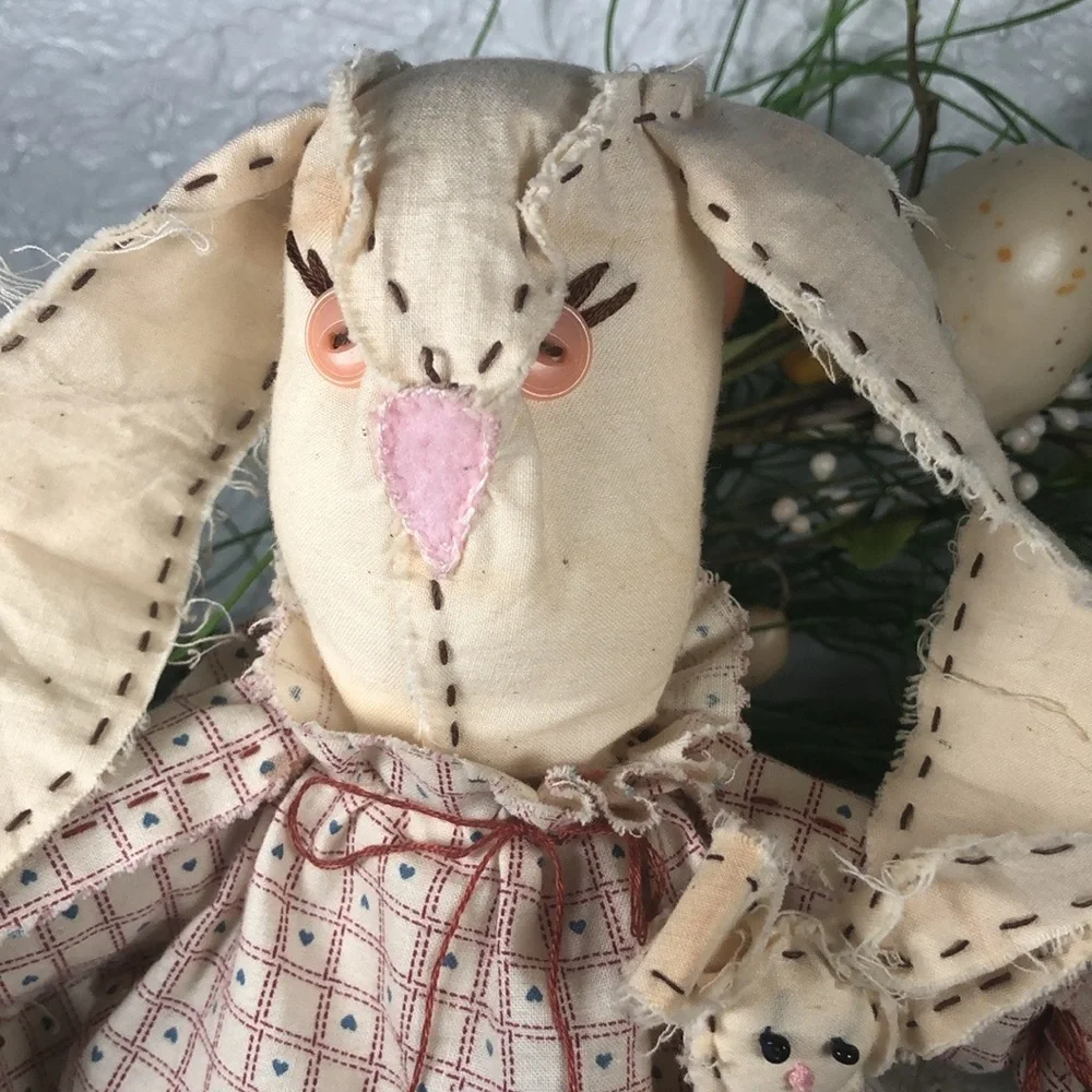 Bunny Rabbit Doll w/ Baby Farmhouse Handmade Distressed Rustic Rabbit Doll